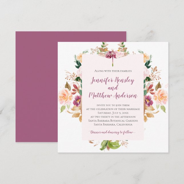 Invitación Burgung Yellow Pink Mauve Watercolor Dragonfly (Anverso / Reverso)