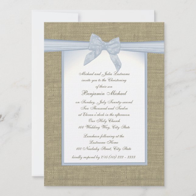 Invitación Burlap Baby Blue Christening (Anverso)
