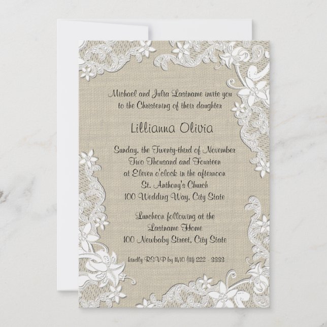Invitación Burlap Baby Christening (Anverso)