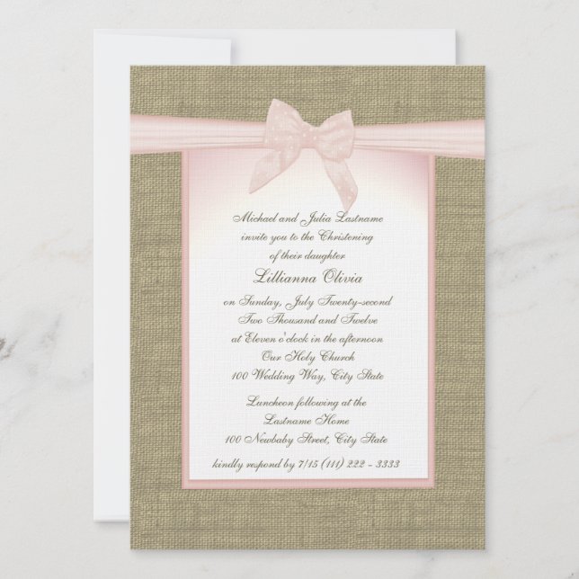 Invitación Burlap Baby Pink Christening (Anverso)