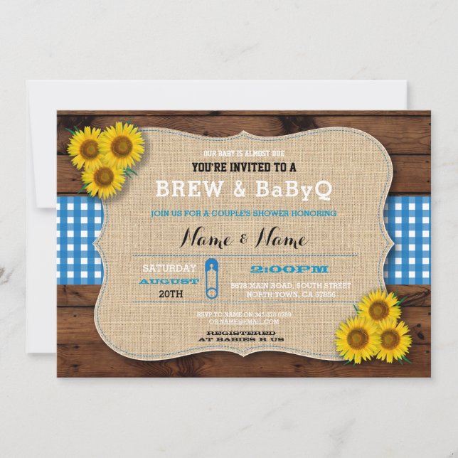 Invitación Burlap Baby Shower azul Brew & BABYQ (Anverso)