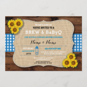 Invitación Burlap Baby Shower azul Brew & BABYQ
