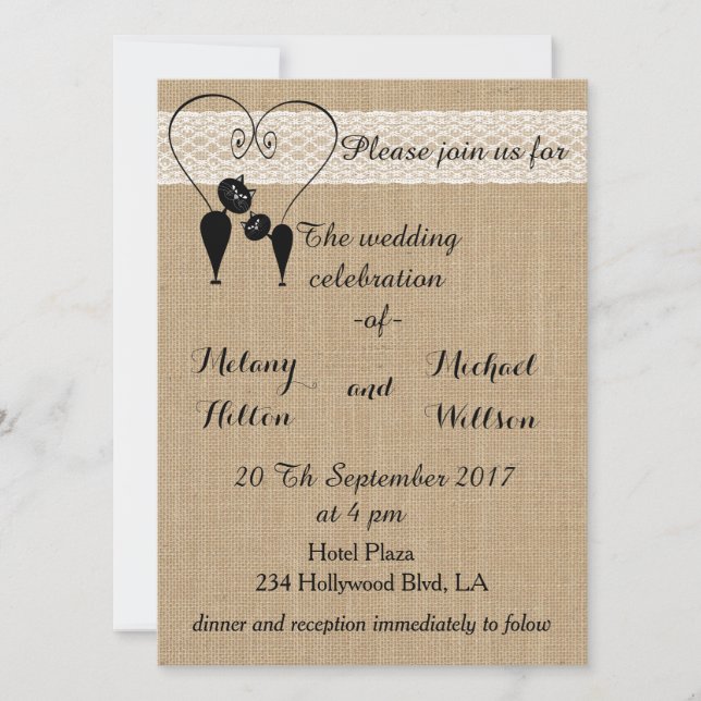 Invitación Burlap boda de gatos divertidos rústicos en amor (Anverso)