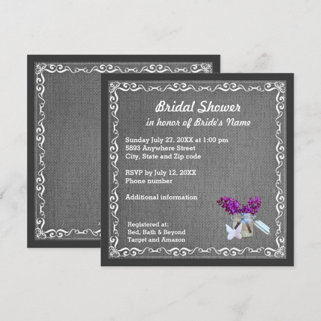 Invitación Burlap carbonero, Flores púrpuras, ducha Jar Brida (Anverso / Reverso)