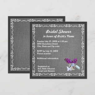 Invitación Burlap carbonero, Flores púrpuras, ducha Jar Brida