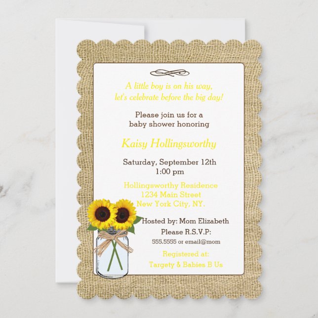 Invitación Burlap con girasoles en el Baby Shower de Mason Ja (Anverso)