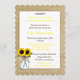 Invitación Burlap con girasoles en Mason Jar Baby Shower