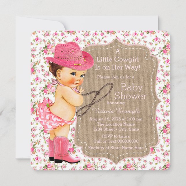 Invitación Burlap Cowgirl Baby Shower Floral Calico (Anverso)