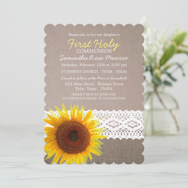 Invitación Burlap De Girasol, Primera Santa Comunión (Anverso de pie)