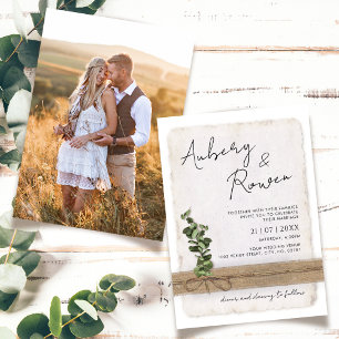 Invitación Burlap Eco Eucalyptus Boho Boda de fotografía ruso