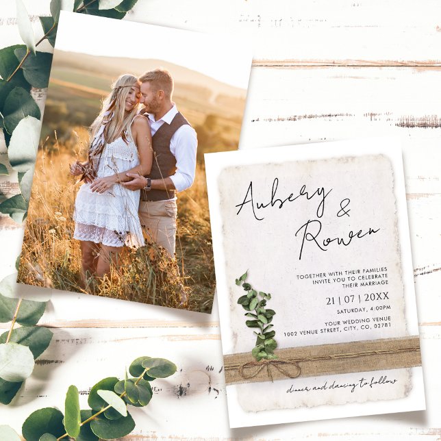 Invitación Burlap Eco Eucalyptus Boho Boda de fotografía ruso (Subido por el creador)