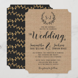 Invitación Burlap Elegante Boda de Tipografía Negra Rústica
