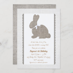 Invitación Burlap Gris Blanco Rústico Conejo Pascua 1er cumpl