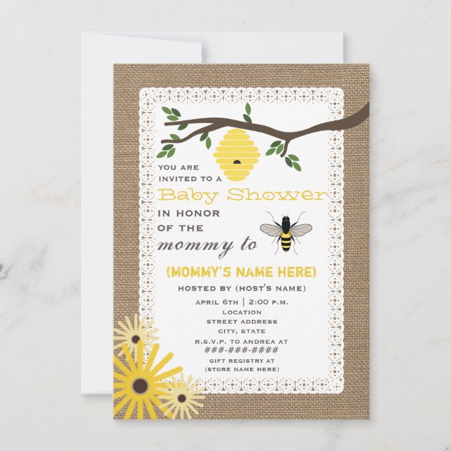 Invitación Burlap Inspired Honey Bee Baby Shower (Anverso)