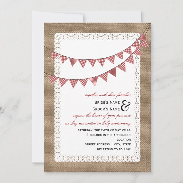 Invitación Burlap inspiró a Red Gingham Bunting Boda (Anverso)