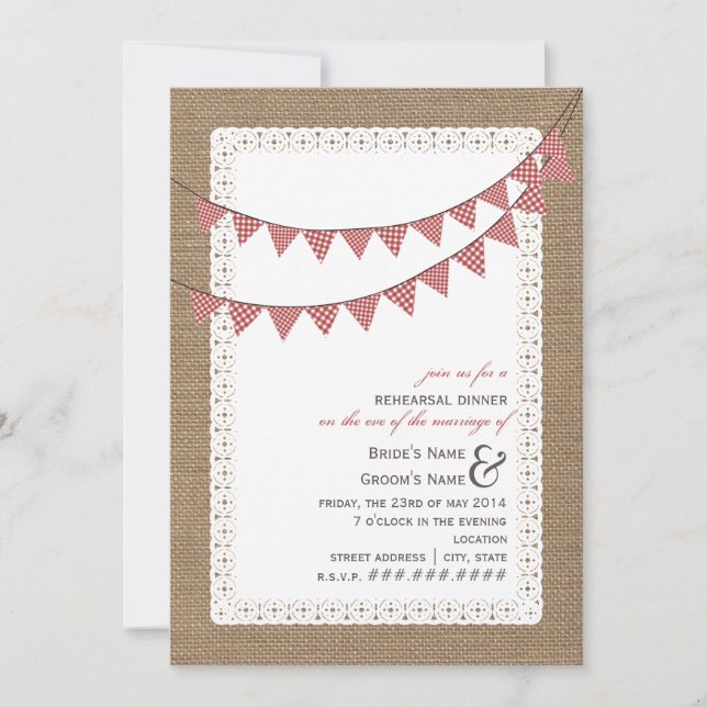 Invitación Burlap inspiró el ensayo de Bunting de Red Gingham (Anverso)