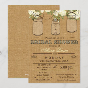 Invitación Burlap , jarrones de máscaras, ducha de novia rúst