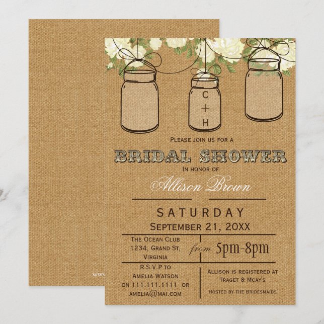 Invitación Burlap , jarrones de máscaras, ducha de novia rúst (Anverso / Reverso)