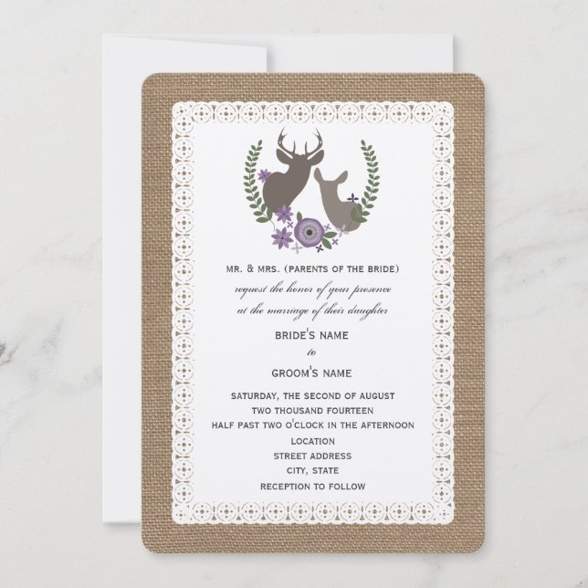 Invitación Burlap + Lace Boda Buck + Dote Deer - Púrpura (Anverso)