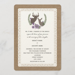 Invitación Burlap + Lace Boda Buck + Dote Deer - Púrpura