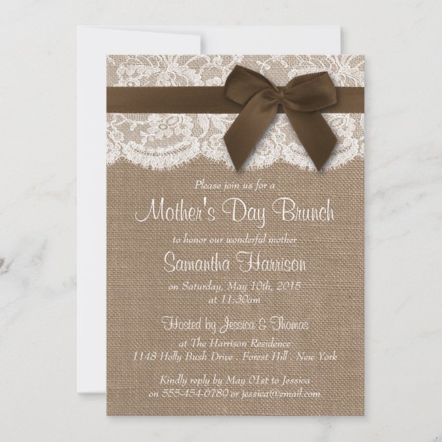 Invitación Burlap, Lace & Brown Bow's Day Brunch (Anverso)