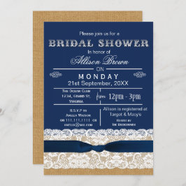 Invitación Burlap , lace,ducha azul rústica de novia Invita