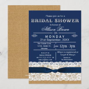 Invitación Burlap , lace,ducha azul rústica de novia Invita