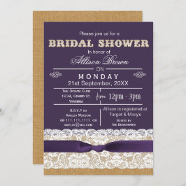 Invitación Burlap , lace,ducha violeta rústica de novia Invit