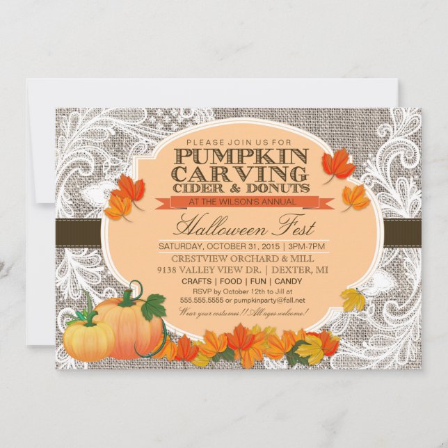 Invitación Burlap & Lace Fall Calabaza tallando fiesta de Hal (Anverso)