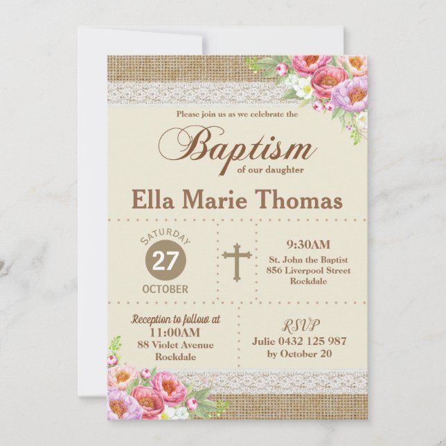 Invitación Burlap Lace Floral Christening Baptism Rústico Chi (Anverso)