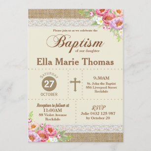 Invitación Burlap Lace Floral Christening Baptism Rústico Chi