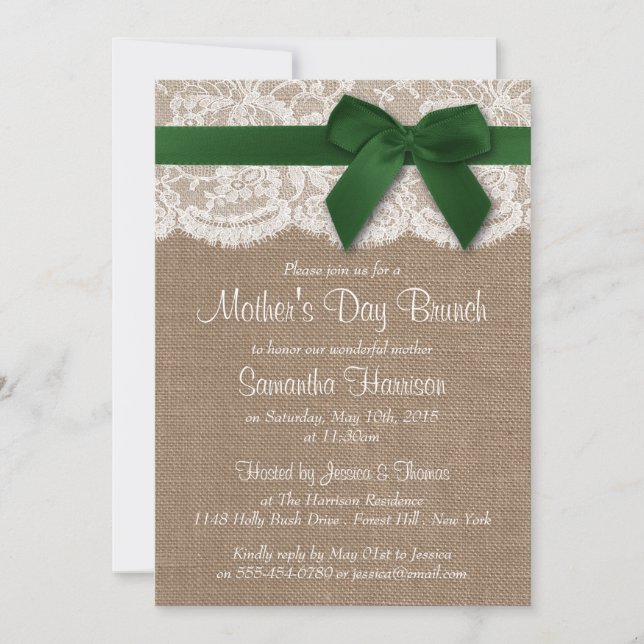 Invitación Burlap, Lace & Green Bow's Day Brunch (Anverso)