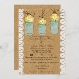 Invitación Burlap Lace hidrangeas amarillas masas jars invita