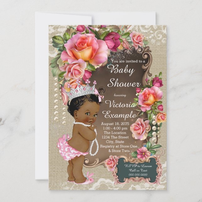 Invitación Burlap Lace Pearl Ethnic Princess Baby Shower (Anverso)