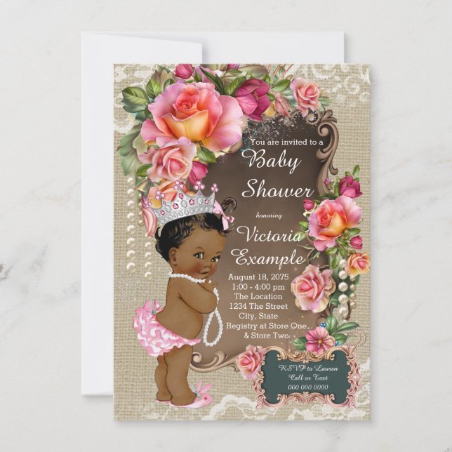 Invitación Burlap Lace Pearl Ethnic Princess Baby Shower (Anverso)