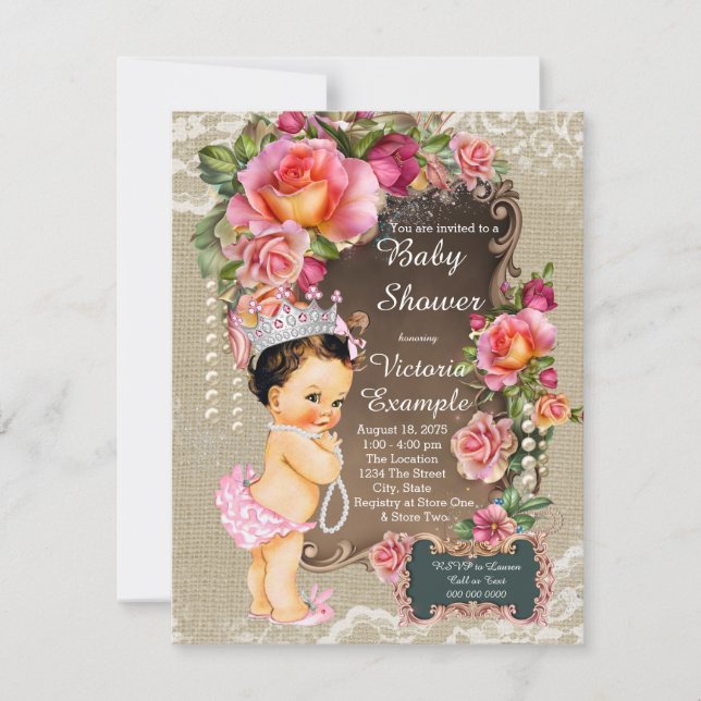Invitación Burlap Lace Pearl Princess Baby Shower (Anverso)