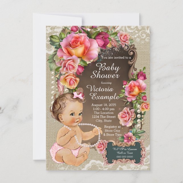 Invitación Burlap Lace Pearl Rustic Moda Baby Shower (Anverso)