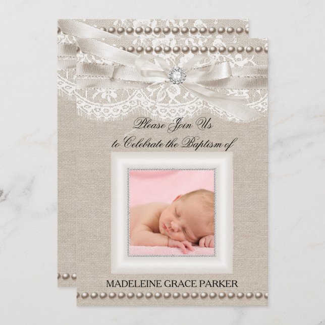 Invitación Burlap Lace Photo Baptism/Christening Invitation (Anverso / Reverso)