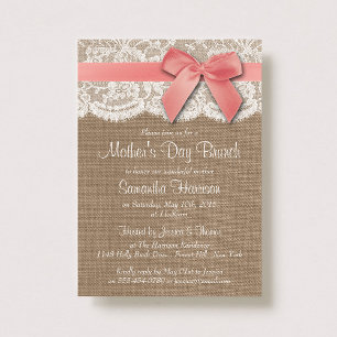 Invitación Burlap, Lace & Pink Bow Mother's Day Brunch