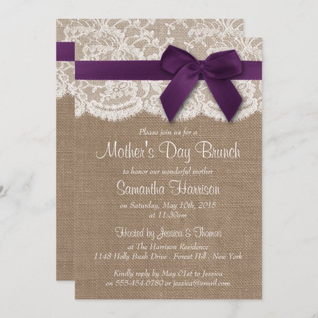 Invitación Burlap, Lace & Purple Bow Mother's Day Brunch (Anverso / Reverso)