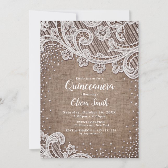 Invitación Burlap Lace purpurina de plata rústico Quinceanera (Anverso)