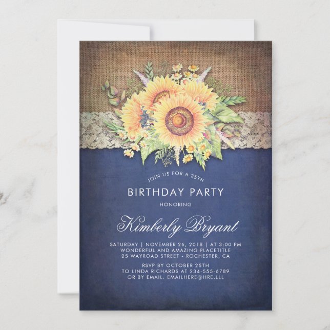 Invitación Burlap Lace Sunflower Navy Fiesta de Cumpleaños Rú (Anverso)