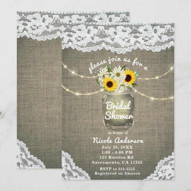Invitación Burlap Lace Sunflowers & Daisies Mason Jar Rustic (Anverso / Reverso)
