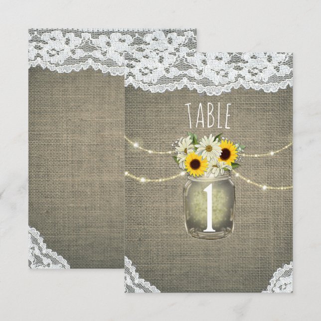 Invitación Burlap Lace Sunflowers Daisies Rustic Table Number (Anverso / Reverso)