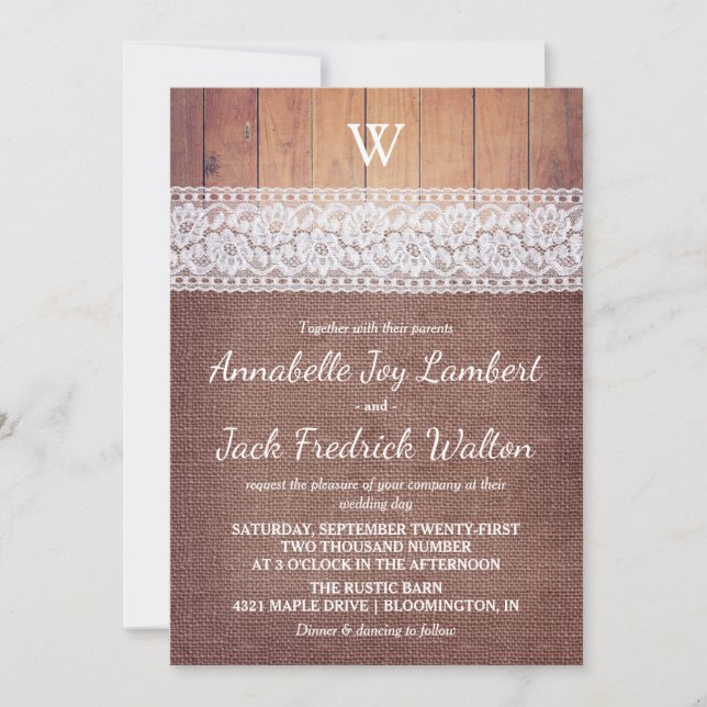 Invitación Burlap Lace & Wood | Boda de monograma ruso (Anverso)