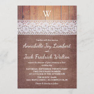Invitación Burlap Lace & Wood Boda de monograma ruso