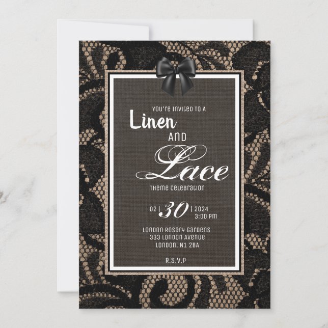 Invitación Burlap, lino y encaje de boda personalizados (Anverso)