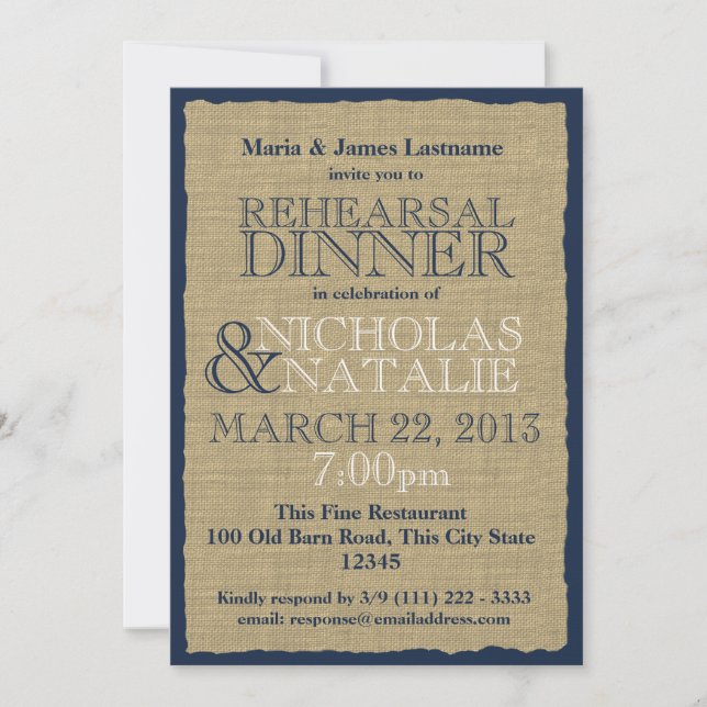 Invitación Burlap Look Ensayo Dinero Azul de la Marina (Anverso)