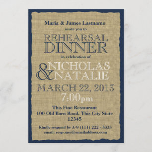 Invitación Burlap Look Ensayo Dinero Azul de la Marina
