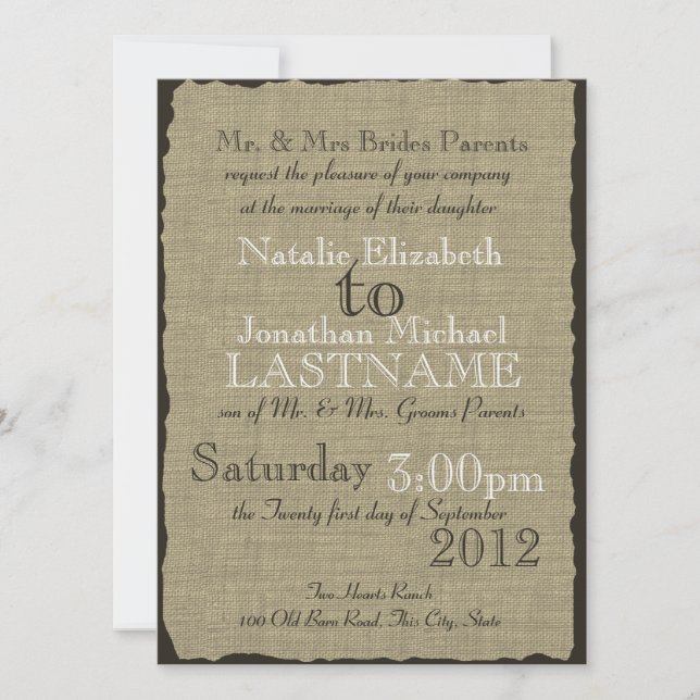 Invitación Burlap Look Rustic Boda (Anverso)
